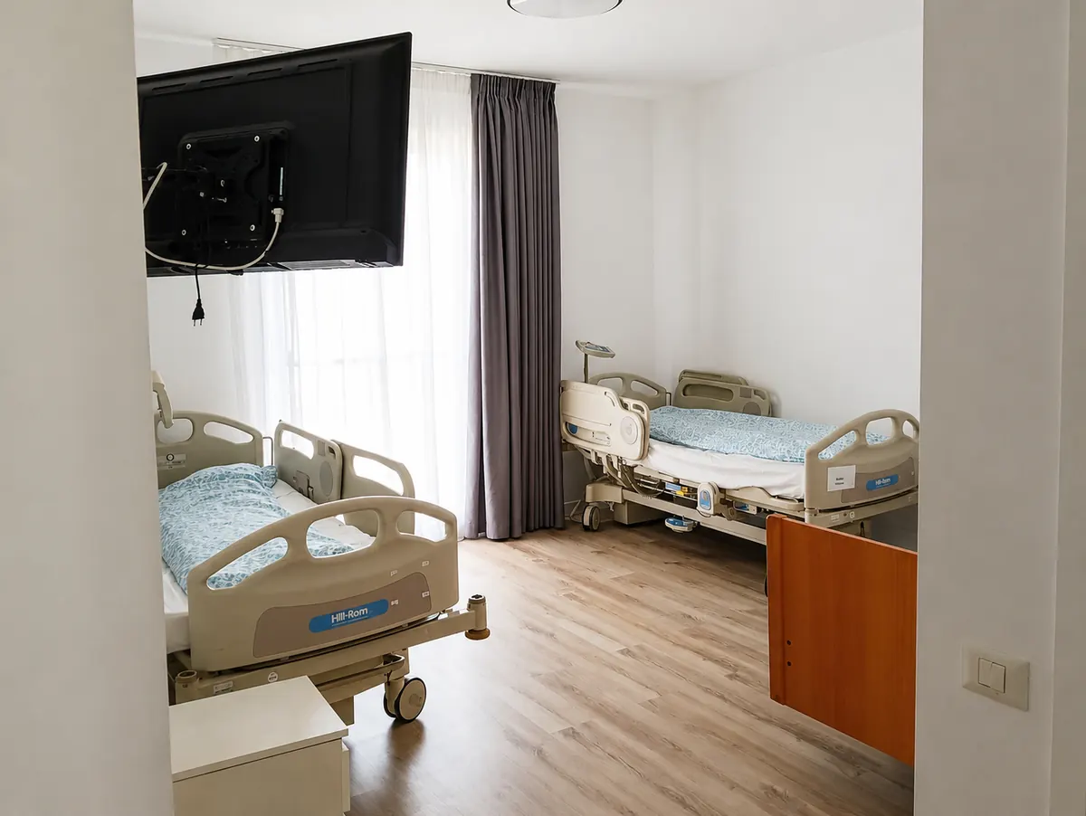 Cameră cu două paturi medicale și televizor